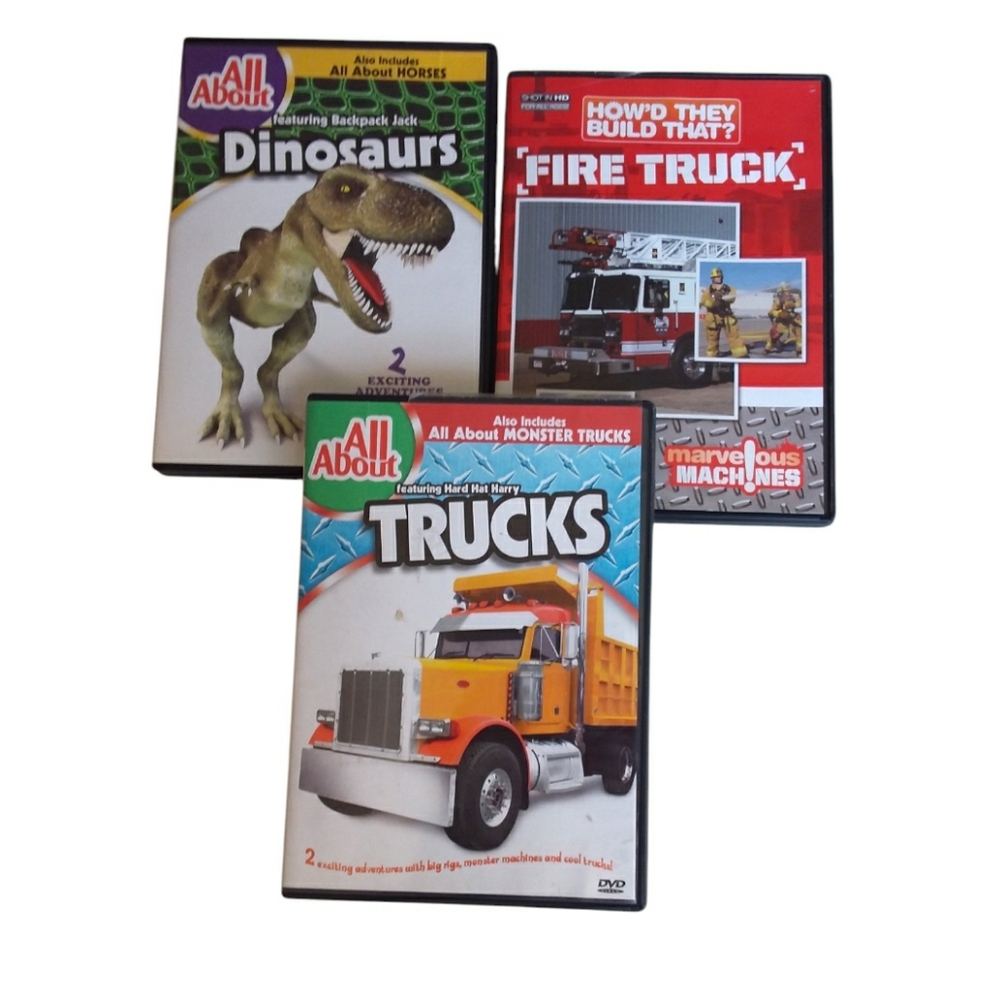 ALL ABOUT KIDS DVDs Set Of 3 - Dinos / Horses, Fire Trucks, Trucks/ Monster Truc